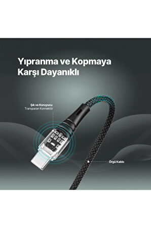 Ekstra Dayanıklı Transparan USB-C –USB-C 60W PD/QC 120cm Hızlı Şarj/Data Kablosu Siyah 2DK58S