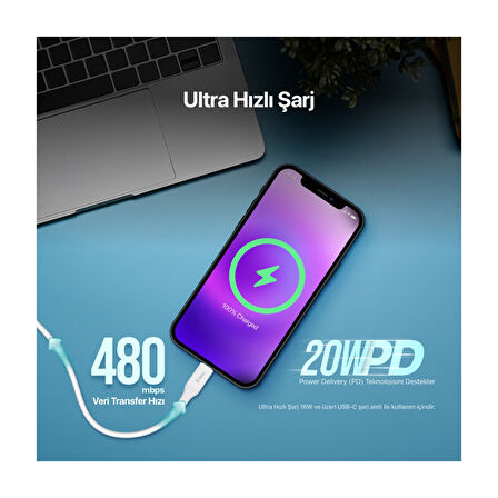 20W Pd Destekler Type-C - Lightning Iphone Hızlı Şarj ve Data Transfer Kablosu 150CM İphone Uyumlu