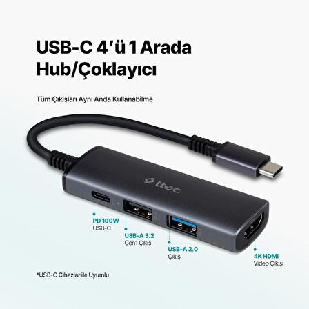 ttec 4 Port USB-C 3.2 Hub/Çoklayıcı USB-C 100W PD 3.0+4K HDMI + USB-A 3.2+USB-A 2.0 (MacBook Uyumlu)