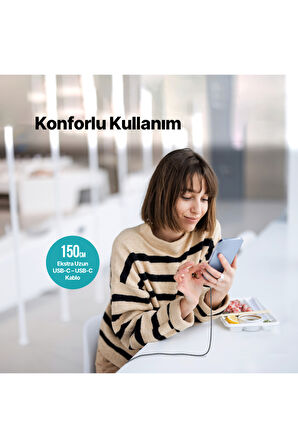 AlumiCable USB-C - USB-C 150cm 100W PD/QC Hızlı Şarj/İPhone 15/15Pro/16/16Pro/16 Pro Max Uyumlu