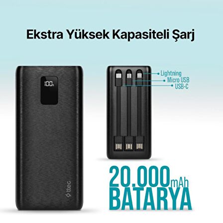 ttec PowerSlim Trio LCD 20.000mAh PD 22,5W Dahili Kablolu Taşınabilir Şarj Aleti / Powerbank