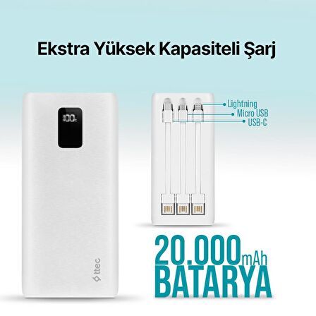 ttec PowerSlim Trio LCD 20.000mAh PD 22,5W Dahili Kablolu Taşınabilir Şarj Aleti / Powerbank