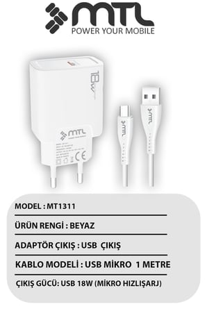 18W QC 3.0 Destekli Hızlı Şarj USB Adaptör + Micro Usb Kablo Şarj Cihazı Seti MT1311