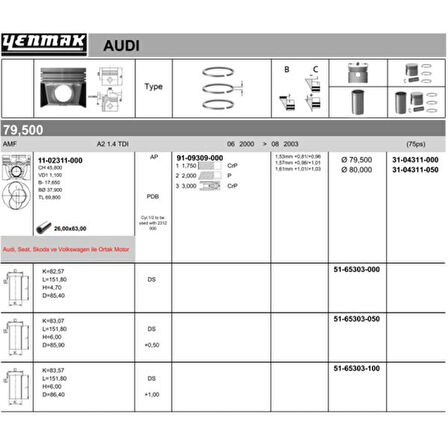 Vag Piston+segman (80,01mm 0,50 1 2 Pistonlar) Polo Cordoba İbiza IV V Fabıa Roomster A2 Lupo 1,4tdi Amf - Yenmak 31-04311-050