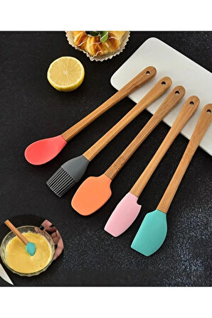 5&#39;li Renkli Ahşap Saplı Silikon Uçlu Spatula Fırçalı Kaşık Seti -Yemek Hazırlık Seti 21 Cm