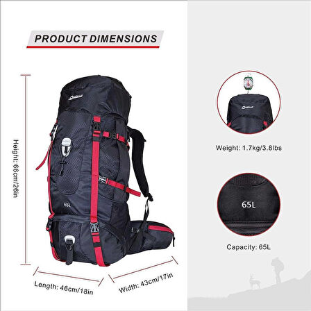 Quickup Hiking Sırt Çantası 65 Litre- Kırmızı Dağcı Sırt Çantası Kamp Çantası