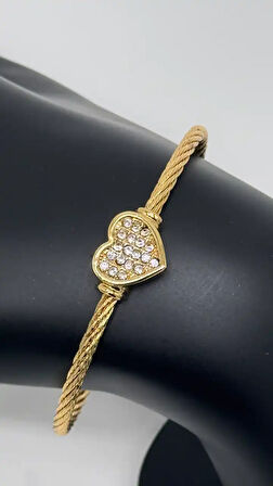Özel Seri Çelik Kalp Detay Taşlı  Kelepçe Bilezik - Gold