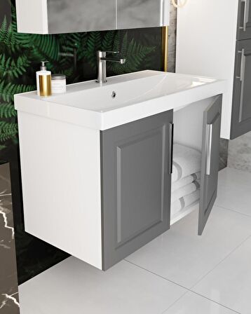 Karen Banyo Arin 80 Cm Banyo Dolabı Seti Boy Dolaplı Antrasit, Mdf, Lavabo Dahil