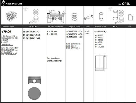 Opel Motor Piston+segmanı ( Riken )  79,00+1,00mm Cap Corsa D 1.6i Turbo 16v Astra H-J 1.6i 16v İnsigna 1 - Kingpiston 18-3010428