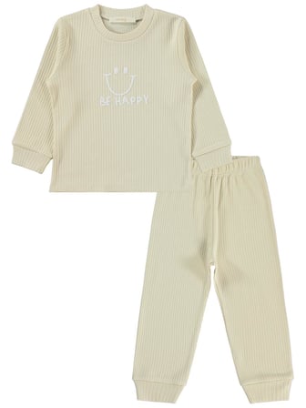 Minidamla Gülen Yüz Baskılı 1-6 Yaş Pijama Takımı - Bej