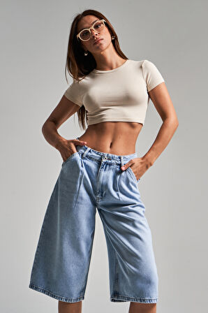 Kadın Kot Rengi 4s5-3 Maxi Boy %100 Koton Denim Bermuda Şort