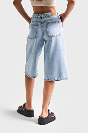 Kadın Kot Rengi 4s5-3 Maxi Boy %100 Koton Denim Bermuda Şort