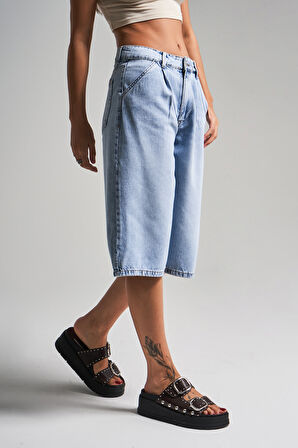 Kadın Kot Rengi 4s5-3 Maxi Boy %100 Koton Denim Bermuda Şort