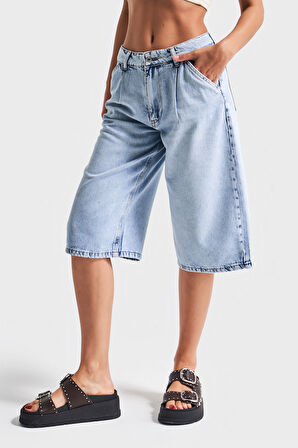 Kadın Kot Rengi 4s5-3 Maxi Boy %100 Koton Denim Bermuda Şort