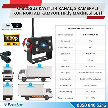 2 Kablosuz Kameralı 7 inç Kayıtlı Monitör Full HD BSD Kör Nokta Uyarı Sistemli Tak Kullan Kamera Seti