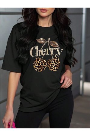 Unisex Leopar Desenlı Vişne Baskılı Tasarım Tshirt