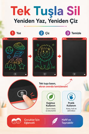 10 İnç LCD Renkli Yazı Çizim Tableti Ekran Kilitli Kalemli Tek Tuş Silme Eğitici Oyuncak