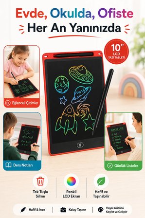 10 İnç LCD Renkli Yazı Çizim Tableti Ekran Kilitli Kalemli Tek Tuş Silme Eğitici Oyuncak
