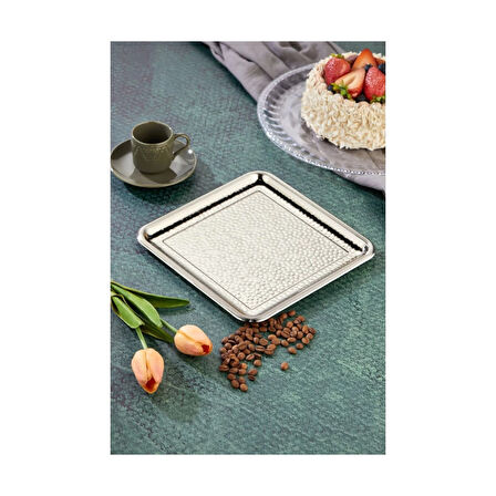 AKILLIELMA- CKR3340 SUNUM TEPSİSİ DÖVME DESENLİ METAL KARE GÜMÜŞ 0171