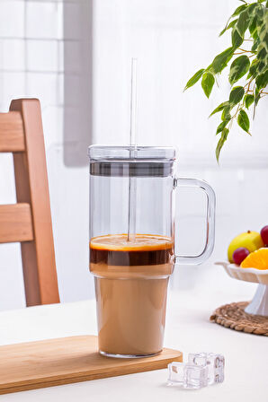 Porsima 3483 Vakumlu Kapaklı Pipetli ve Kulplu Bardak 900ml Cam Termos Mug