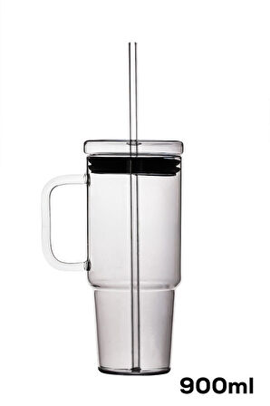 Porsima 3483 Vakumlu Kapaklı Pipetli ve Kulplu Bardak 900ml Cam Termos Mug