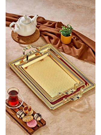 Cooker Özel Seri Altın Rengi Dikdörtgen Tepsi 2 Parça
