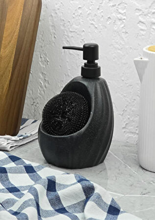 Taş Desenli Sıvı Sabunluk - Sünger Hazneli Mutfak Sabunluğu - 700 ML - Dalga Desen Siyah