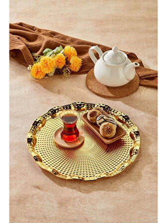 Cooker Yuvarlak Gold Metal Tepsi 35 cm