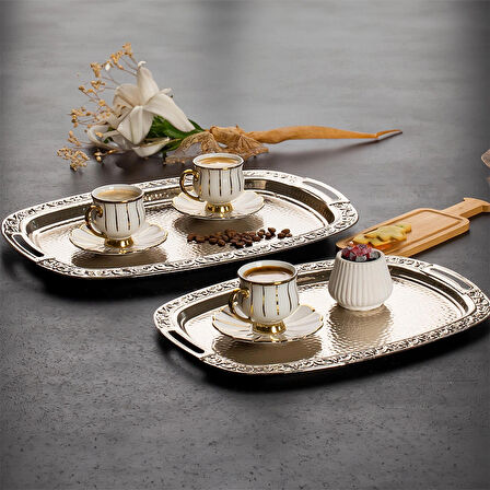 Porsima 3566 2 li Paslanmaz Gümüş Çelik Kahve Tepsisi Oval Gümüş Tepsi Dekoratif Servis Sunum Tepsisi