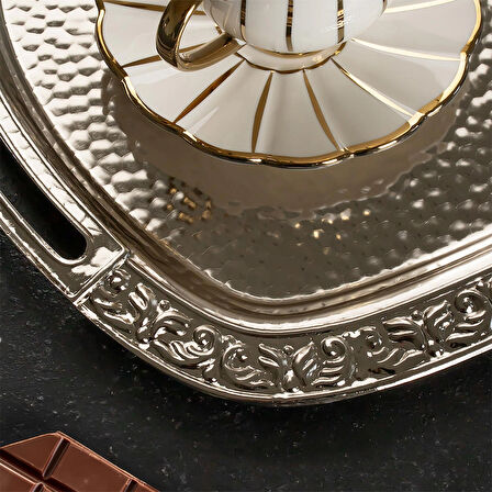 Porsima 3566 2 li Paslanmaz Gümüş Çelik Kahve Tepsisi Oval Gümüş Tepsi Dekoratif Servis Sunum Tepsisi