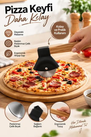 Porsima 1566-1 Ahşap Saplı Hamur Börek Kesme Bıçağı Pizza Kesici Dilimleyici Rulet