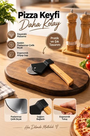 Porsima 1566-1 Ahşap Saplı Hamur Börek Kesme Bıçağı Pizza Kesici Dilimleyici Rulet