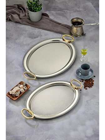 Cooker CKR3907 Gold Kulplu Gümüş Oval Tepsi 2'li