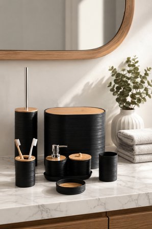 Porsima 4530 8 Parça Banyo Seti - Bambu Kapaklı Çöp Kovası, Sabunluk, Diş Fırçalığı ve Wc Fırçası