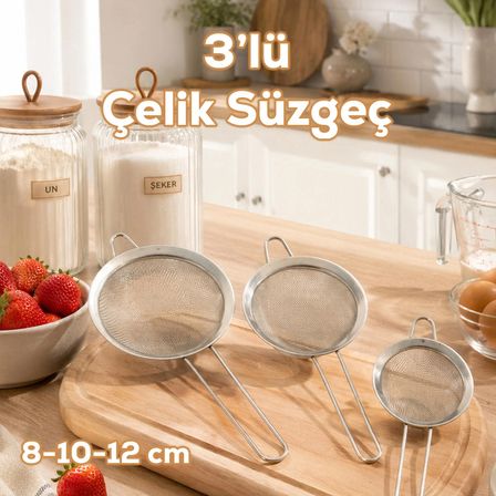 Porsima 1891 3lü Paslanmaz Tel Süzgeç Pirinç Süzgeci Çelik Süzgeç Metal Süzgeç 8-10-12 cm