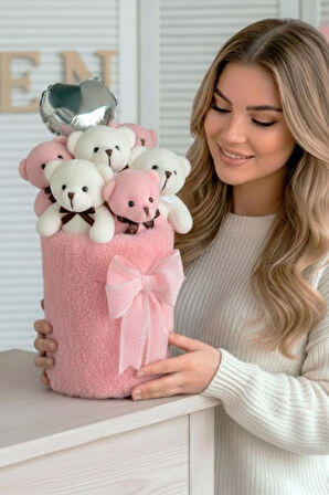 Deluxe Peluş Silindir Kutusuda, Kalpli Balonlu 6’lı Pembe Ayıcık Buketi - Sevdiğine Hediye