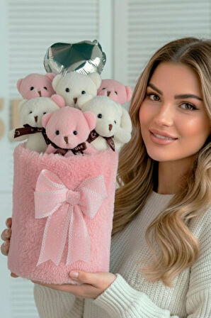 Deluxe Peluş Silindir Kutusuda, Kalpli Balonlu 6’lı Pembe Ayıcık Buketi - Sevdiğine Hediye