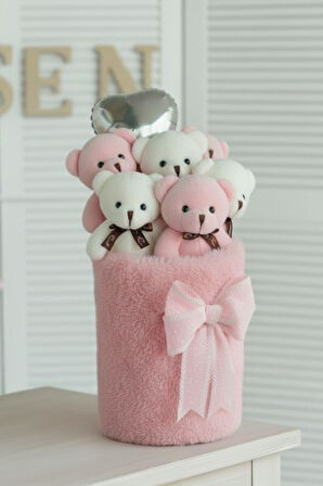 Deluxe Peluş Silindir Kutusuda, Kalpli Balonlu 6’lı Pembe Ayıcık Buketi - Sevdiğine Hediye