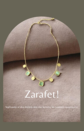 Yeşil Kare Taşlı Altın Disk Detaylı Çelik Kolye