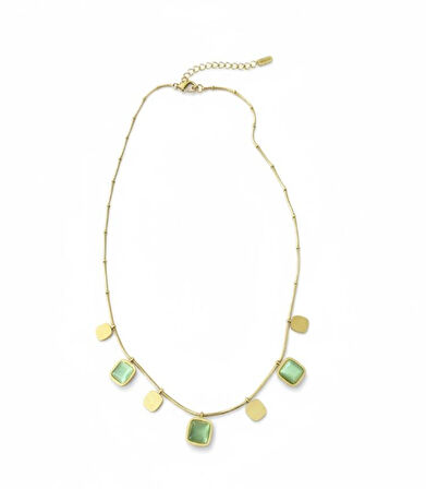 Yeşil Kare Taşlı Altın Disk Detaylı Çelik Kolye