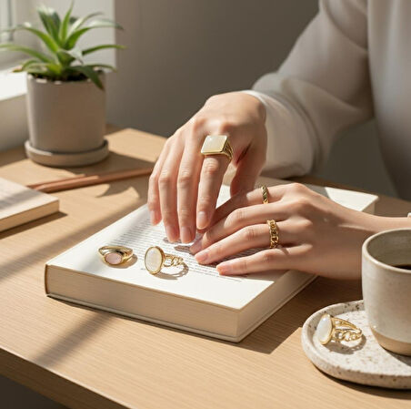 Altın Renk 5 li Çelik Yüzük Set