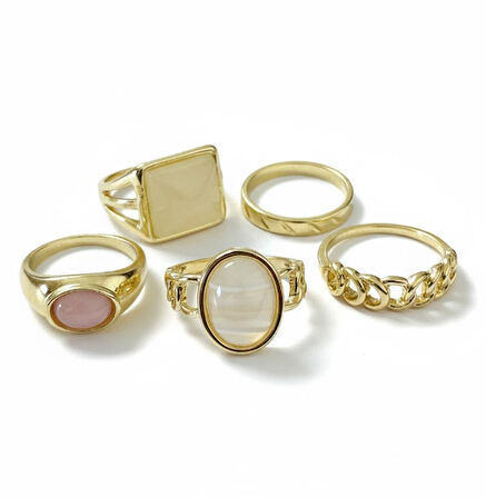 Altın Renk 5 li Çelik Yüzük Set