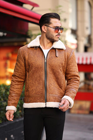 Erkek Napa Deri Içi Full Kürklü Yüksek Kalite Slim Fit Taba Mont & Ceket