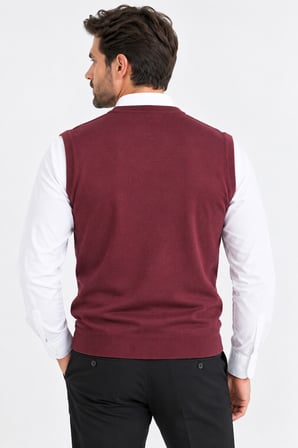 Erkek V Yaka  Klasik Kesim Sıfır Kol Örgü Süveter 6957-Bordo
