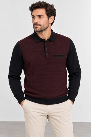 Erkek Polo Yaka Düğmeli Triko Kazak – Desenli Smart Casual 8111-Bordo