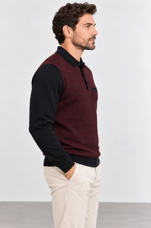 Erkek Polo Yaka Düğmeli Triko Kazak – Desenli Smart Casual 8111-Bordo