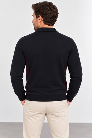 Erkek Polo Yaka Düğmeli Triko Kazak – Desenli Smart Casual 8111-Bordo