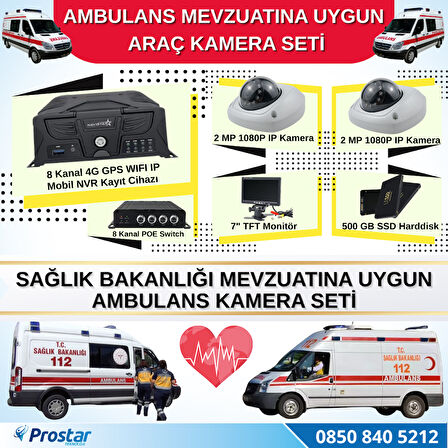 Ambulans Mevzuatına Uygun 2 Kameralı 8 Kanal Mobil NVR 500 GB 7 inç Monitörlü Tak Kullan Set