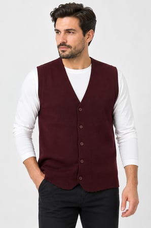 Erkek V Yaka Düğmeli Tek Plaka Spor Yelek 7025-Bordo