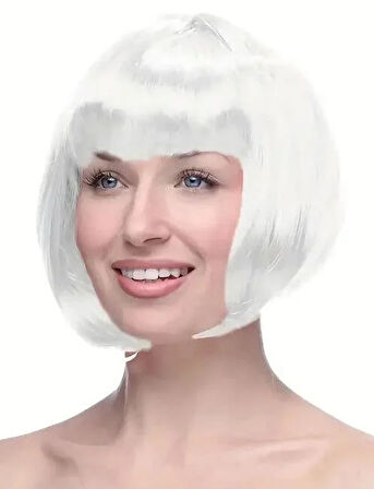 Peruk Küt Saç Kısa Kahküllü 25 Cm Beyaz İçi Astarlı Kafayı Saran